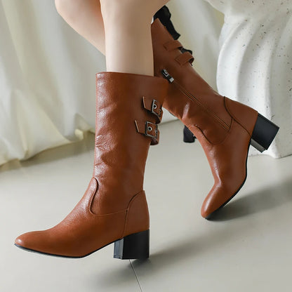 Plus Size Double Row Metal Belt Buckle Side Zipper Western Boots Round Toe Thick Heel Breathable Autumn New Mid-Calf Boots