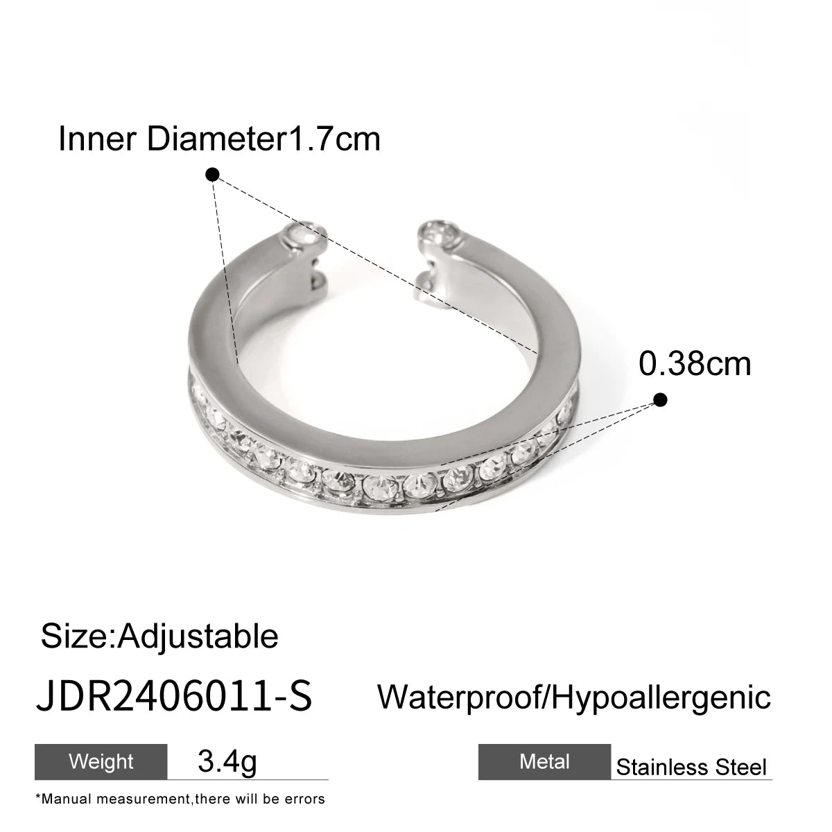 Youthway Unique Designed Upper Lower Asymmetrical Half Bezel Rhinestone Inlaid Ring PVD Plated Stainless Steel Colorfast Jewelry