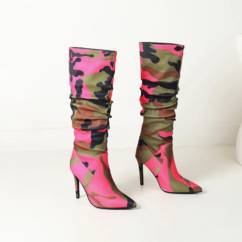 Camouflage Pointed Ultra-High Slim Heels For Women's Fashion Boots Mixed Colors For Women's Knee Length Boots