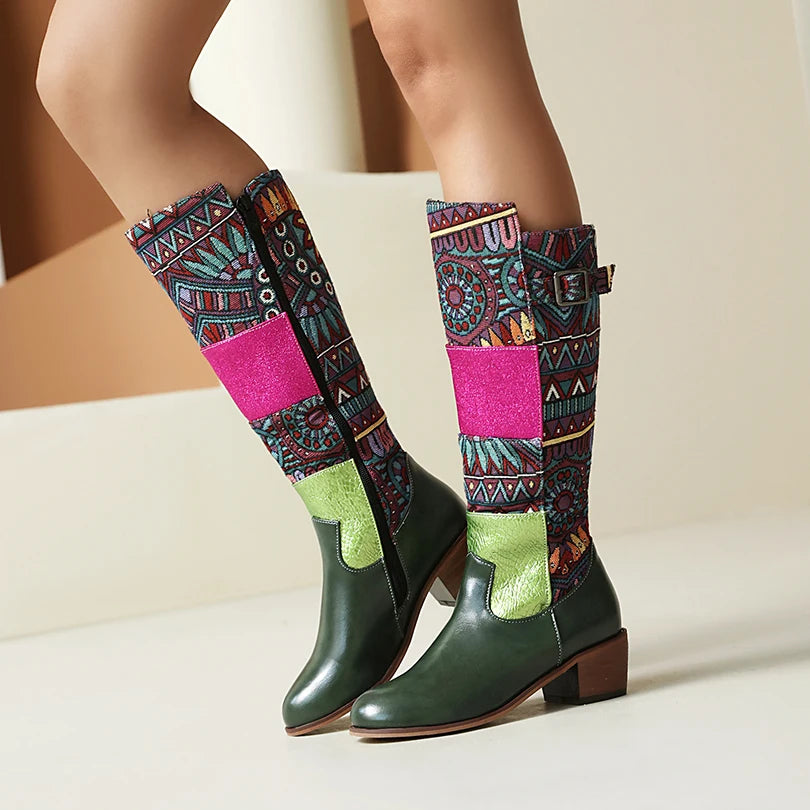 Plus Size Ethnic Style Printed Fabric Patchwork PU Women's Knee High Boots With Color Blocked Geometric Patterns Breathable Boot