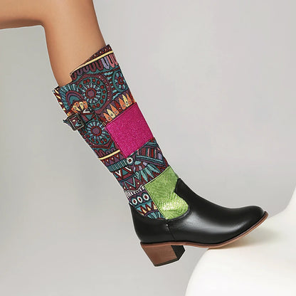 Plus Size Ethnic Style Printed Fabric Patchwork PU Women's Knee High Boots With Color Blocked Geometric Patterns Breathable Boot