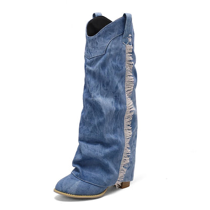 Plus Size Washed Denim Material With Cuffed Fashion Western Boots Side Fringe Wood Grain Thick Heels Slip-On Trend Knee Boots