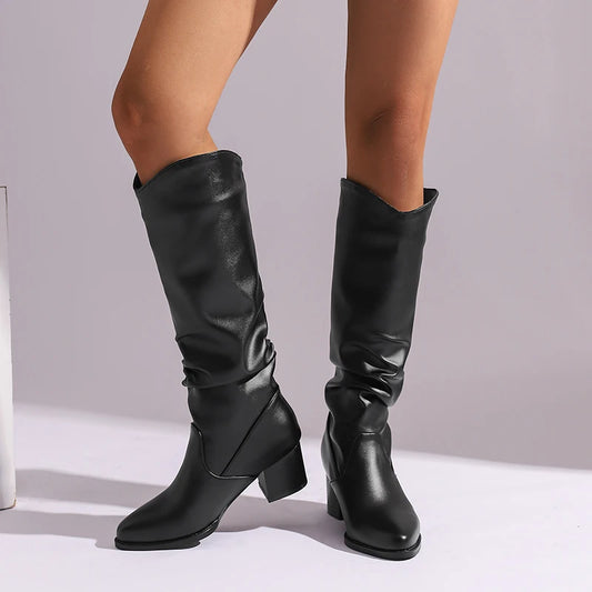 2024 Plus Size Matte Flock Material Thick Heeled Concise Women's Knee-High Boots Pointed Sewing Plush Inner Lining Western Boots