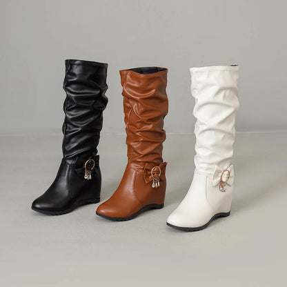 Round Toe Slope With Plush Lining Winter Snow Boots With Metal Buckle Pearl Bow Slip-On Height Increasing Knee High Boots