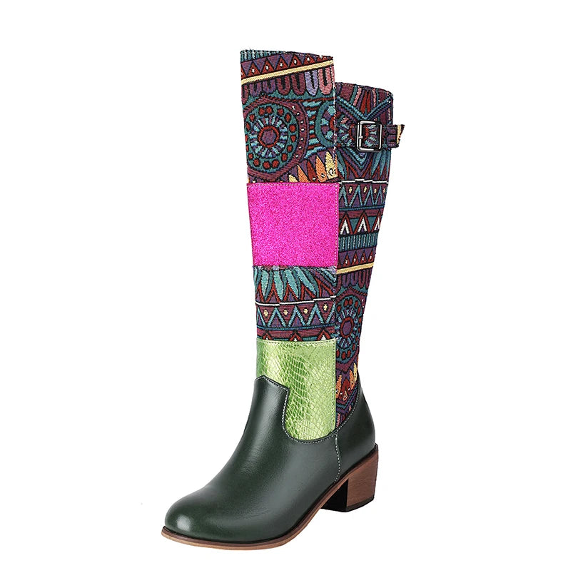 Plus Size Ethnic Style Printed Fabric Patchwork PU Women's Knee High Boots With Color Blocked Geometric Patterns Breathable Boot