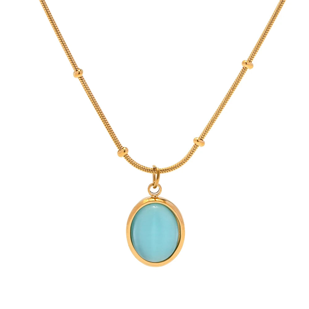 Youthway 18K Gold Plated Stainless Steel Blue Opal Necklace Metal Rust Proof PVD Chic Jewelry Bijoux Femme