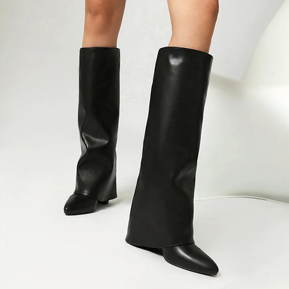 Sharp Pointed Ultra-High Square Heel Turned Over Edge Breathable Inner Knee Boots Slip-On British Style Fashion Trend Long Boots