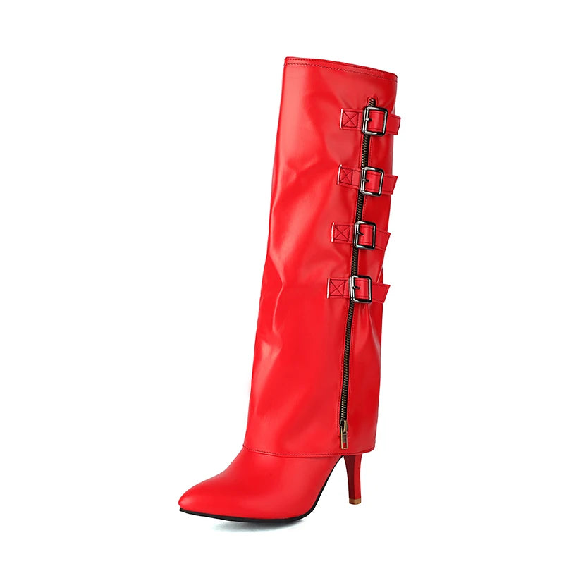 Plus Size Four Row Metal Belt Buckle Pointed Super High Thin Heel Sexy Knee High Boots Turned Over Edge Side Zipper Fashion Boot