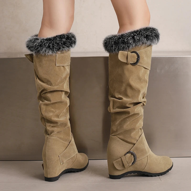 Fur Splicing Frosted Flock Material Double Row Metal Belt Buckle Knee High Boots Round Toe Sloping Heel Flat Bottom Warm Boots