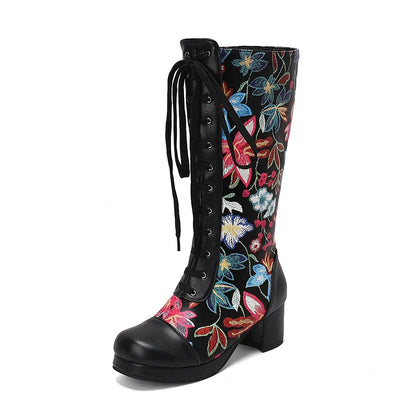 Cross Lace Up Printing Fashion Sweet Women's Knee Length Boots Embroidered Flower Thick Heel Waterproof Platform Winter Boots