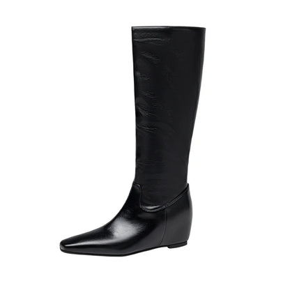 Plus Size Soft And Comfortable PU Flat Bottomed Sloping Heel Short Plush Inner Knee High Boots Concise Slip-On Knight Boots