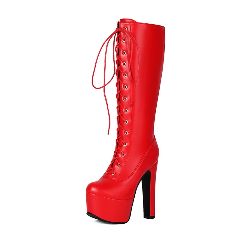 Plus Size Cross Tie Platform With Ultra-High Hollow Out And Punk Style Street Fashion Breathable Women's Knee High Boots