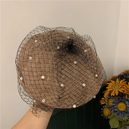 Beret hat women pearl net yarn painter hat