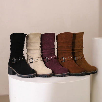 Matte Velvet Material Metal Rivets Instep Metal Belt Buckle Thick Heel Mid-Calf Boots Waterproof Platform Autumn New Boots