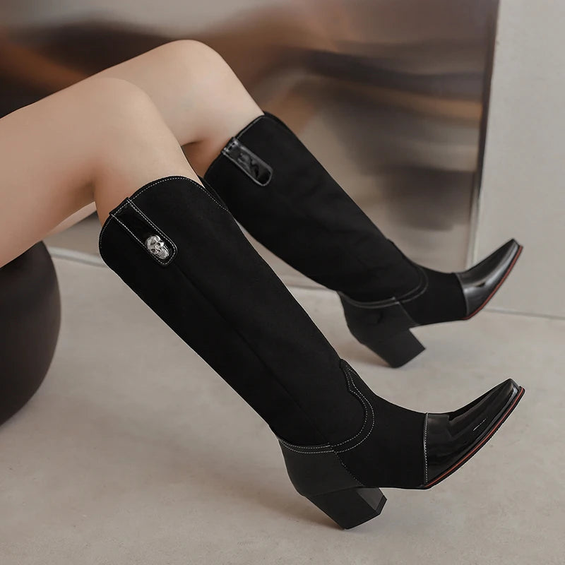 Plus Size Pointed High Heel Printed Fabric With Glossy Patent Leather Metal Buckle Decoration For Women's Knee Length Boots