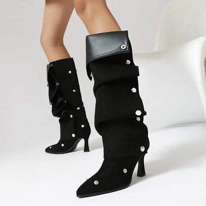 Plus Size Pleated Wave Frosted Leather Material Rivet Fashion Knee High Boots Pointed Ultra Hollow Shaped Heels Sexy Boots