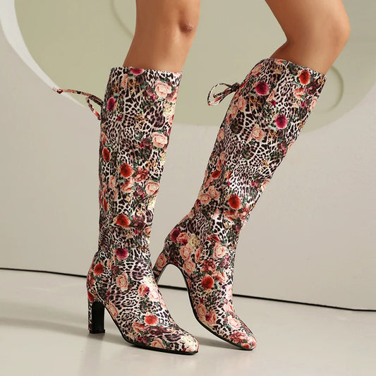 PU Splicing Printed Fabric Round Toe Irregular Square Heel Color Blocked Bow High Tube Fabric Lining Warm Knee High Boots