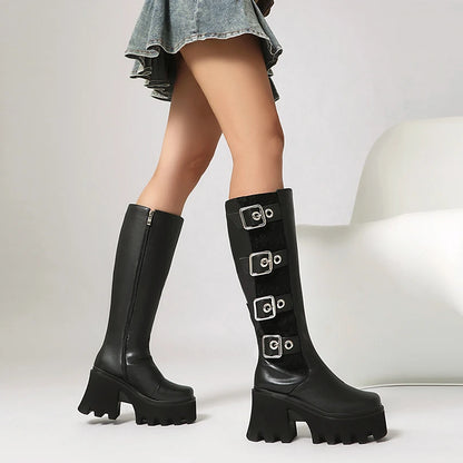 Elastic Velvet Splicing PU Punk Style Row Metal Belt Square Buckle Boots High Platform Thick Heel Zipper Plush Lining Knee Boots