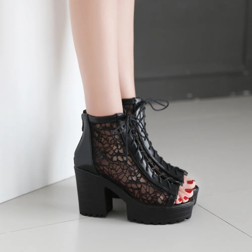 Hollow Mesh Patchwork PU Ultra-High Thick Heel Peep Toe Ankle Back Zipper Cross Tie Sexy Summer Women's Short Boots