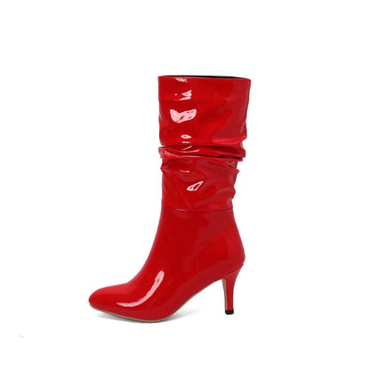 New Sexy Patent Leather Pleated Ankle Boots Ladies Winter