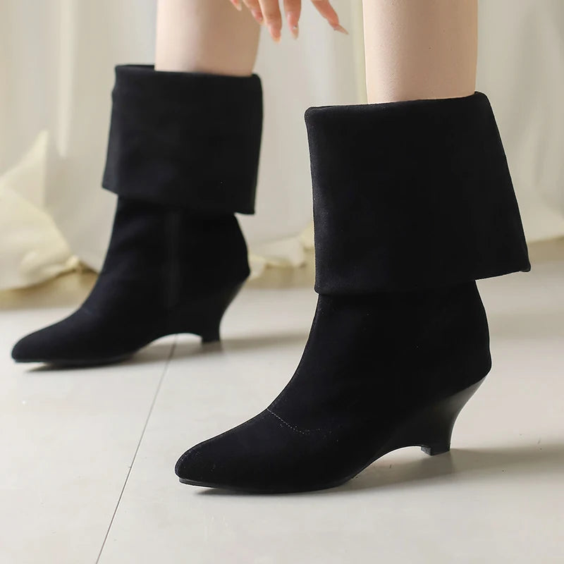 Plus Size Denim Material Pointed Flat Bottomed Sloping Heel Plush Lining Knee Boots Side Zipper Floor Slip On Elastic Boots