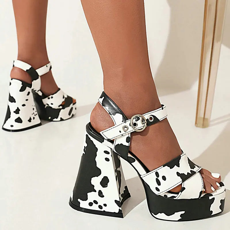 Stylish Goth Girls Summer Shoes Zebra Cow Skin Print Open Toe Buckle Strap Platform Woman's Shoes Chunky Heels Sandals Women