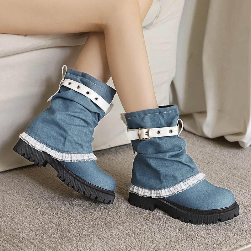 Denim Fabric Upper With Lace Edges Calf Metal Belt Buckle Thick Sole Sponge Heel Short Boots Soft PU Platform Increasing Boots