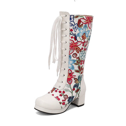 Cross Lace Up Printing Fashion Sweet Women's Knee Length Boots Embroidered Flower Thick Heel Waterproof Platform Winter Boots