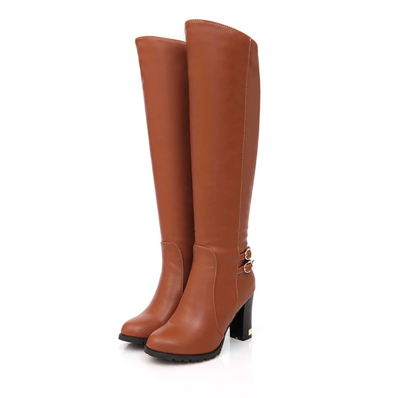 Plus Size Ultra-High Thick Heel Double Row Needle Buckle Side Zipper Knight Boots Warm Plush Lining Knee Boots For Winter Women