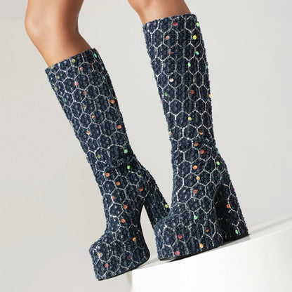 Hexagonal Plaid Denim With Sequins Women's Fashion Boots Square Toe High Waterproof Platform Slip-On Knee Boots