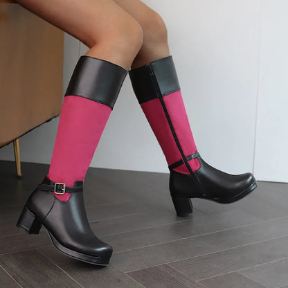 2024 Plus Size Float Patchwork PU Side Zipper Women's Knee Length Boots With Round Toe Thick Heels And Color Matching Boots