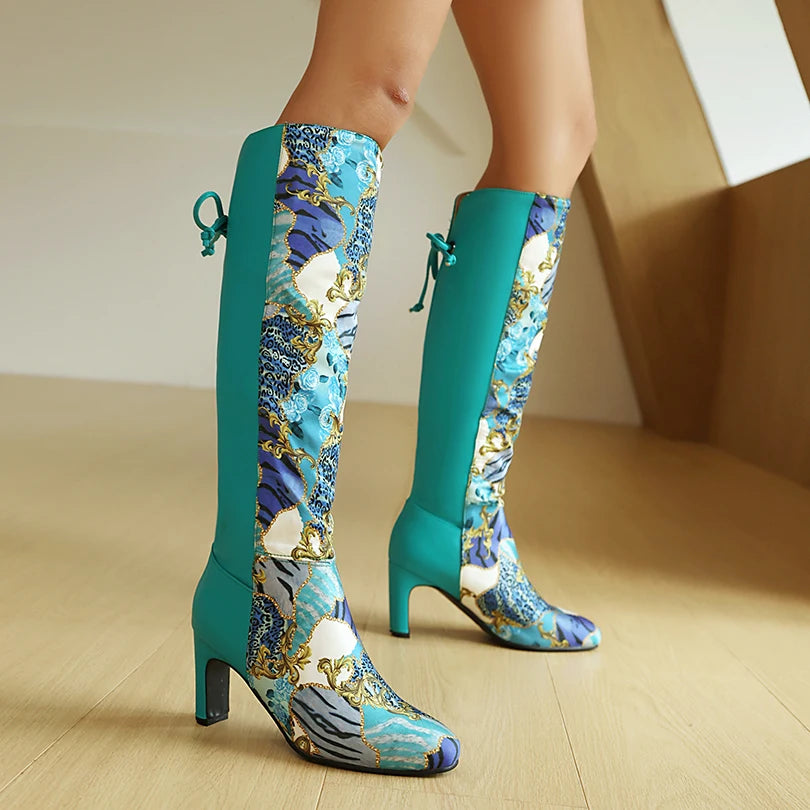 PU Splicing Printed Fabric Round Toe Irregular Square Heel Color Blocked Bow High Tube Fabric Lining Warm Knee High Boots