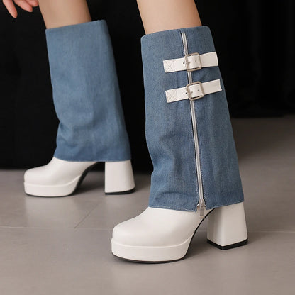 Plus Size Double Row Belt Buckle Zipper Denim Patchwork PU Fashion Mid–Calf Boots Ultra-High Thick Heels SLIP-ON Modern Boots