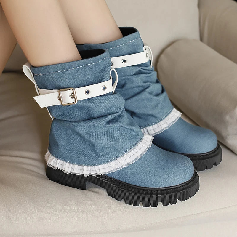 Denim Fabric Upper With Lace Edges Calf Metal Belt Buckle Thick Sole Sponge Heel Short Boots Soft PU Platform Increasing Boots