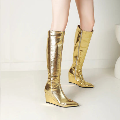 Plus Size Flat Bottomed Sloping Silver Women's Knee High Boots With Pointed Plush Lining And Side Zipper Silver Boots