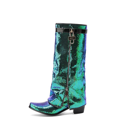 Flipped Zipper Metal Lock Glitter Round Illuminated Patch Fashion Show Boots Bling Bling Color Changing Knee High Boots