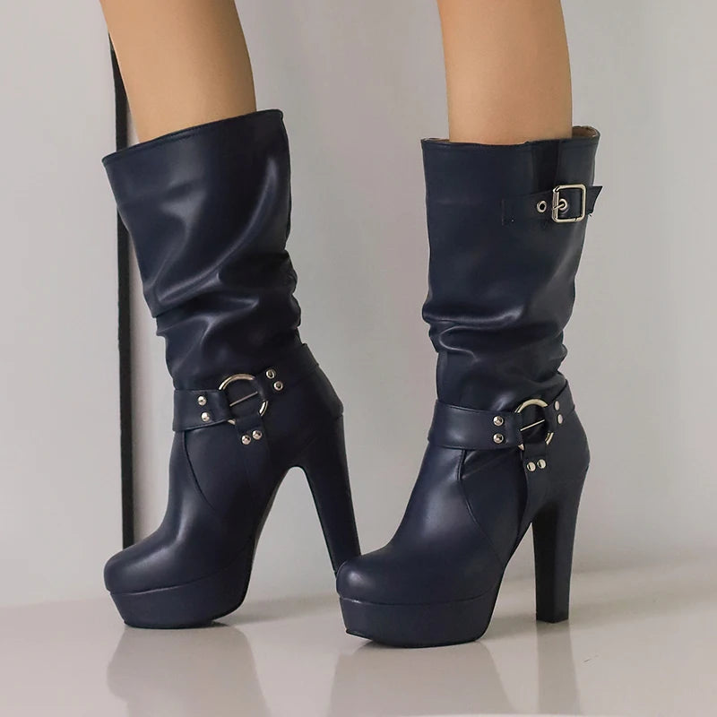 Plus Size Rivet Circular Buckle Slip-On Women's Mid Length Boots Platform Ultra-High Thick Heel Winter New Fashion Boots