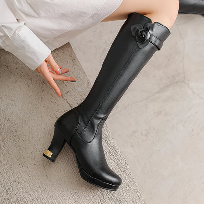 Round Headed Platform Ultra-High Thick Heel Side Zipper Breathable Autumn New Knee High Boots Flower Decal Office Knight Boots