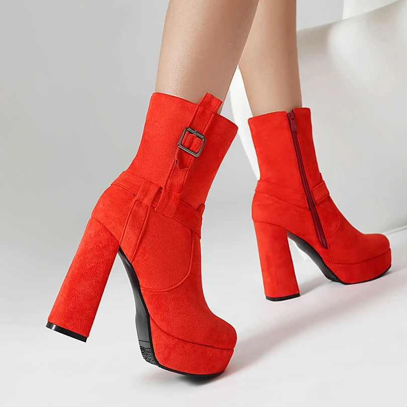 Plus Size Frosted Suede Material Waterproof Round Toe Super High Thick Heel Belt Buckle Side Zipper Women's Mid Calf Boots