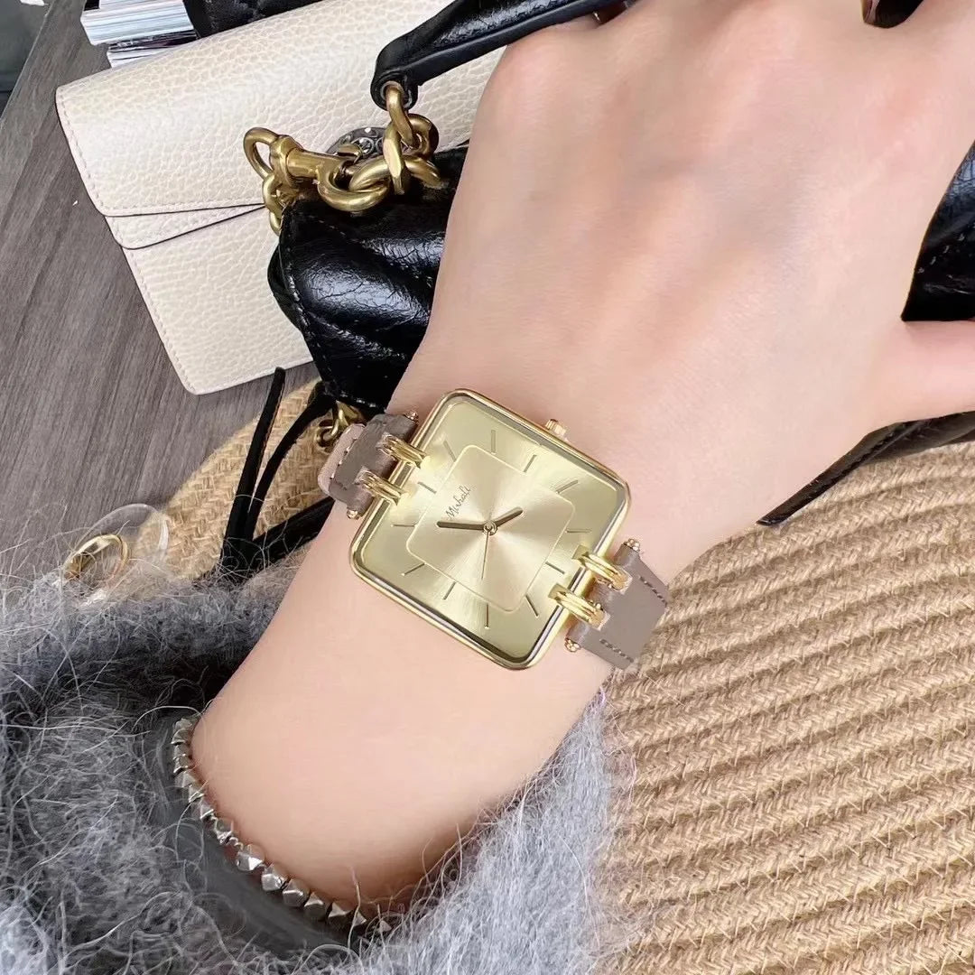 Retro Rectangle Gold Leather Women's Watch Leisure Quartz Japanese Movement Waterproof Clock Office Women's Watch Montes Femmes