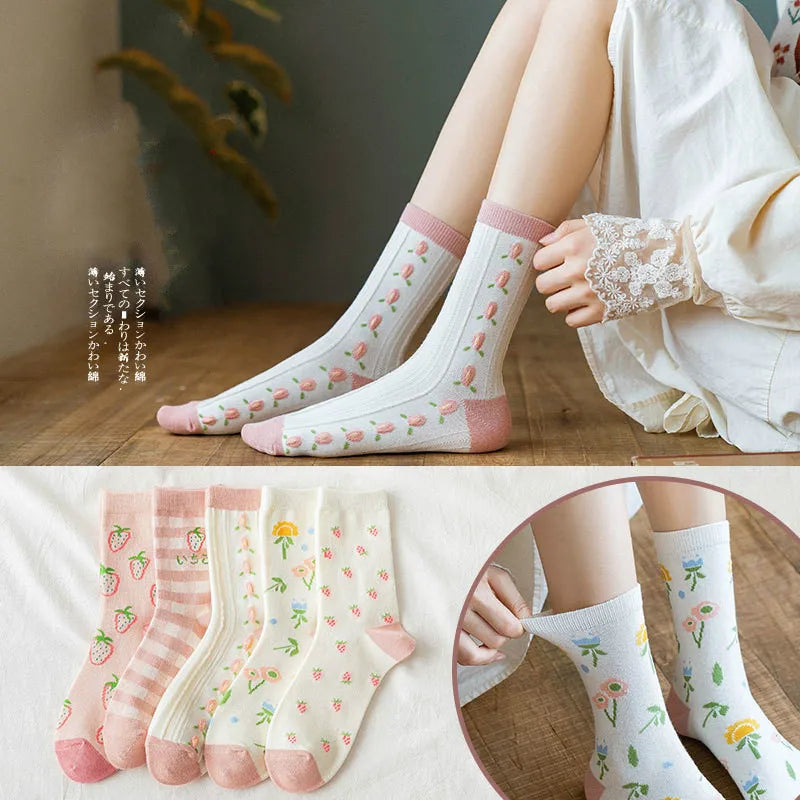 Japanese Harajuku Style Kawaii Woman Socks Cotton with Strawberry and Flower Funny and Pink Socks Women 121702