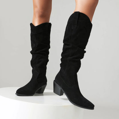 Plus Size Frosted Float Pointed Thick Heeled High Boots With Short Plush Lining For Winter New Slip-On Women's Knee Boots