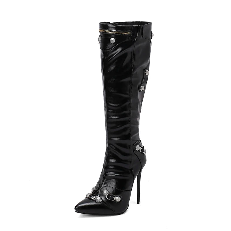 Plus Size Rivet Metal Zipper Decoration Punk Sexy Knee High Boots Pointed Tips Ultra-High Thin Heels Plush Women's Boots 2024