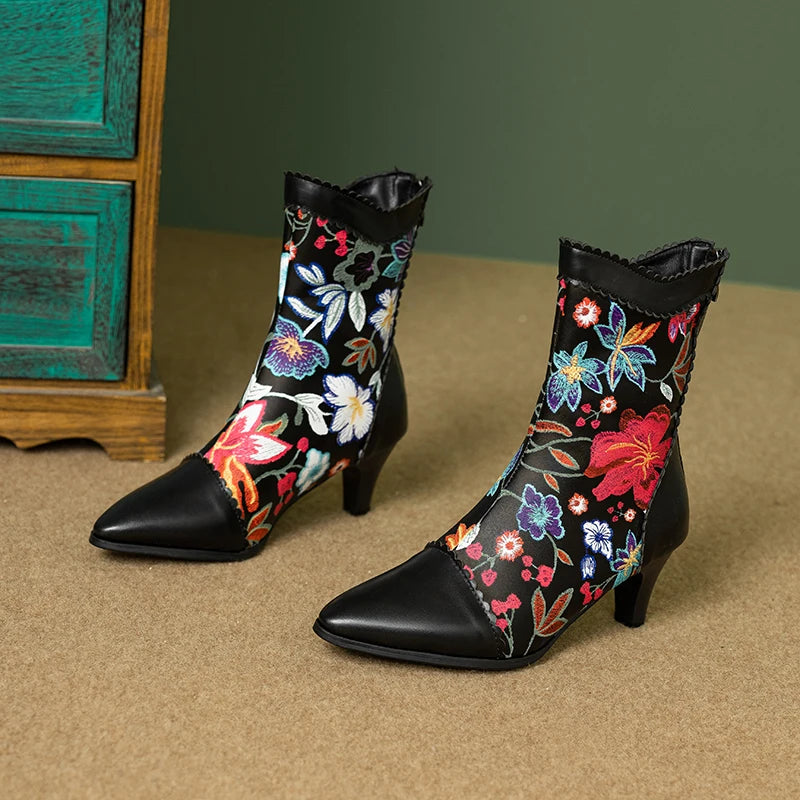 Plus Size Ruffle Edge Embroidered Flower Pointed Cat Heel Mid-calf Boots Printed Back Zipper Ethnic Style Autumn Winter New Boot