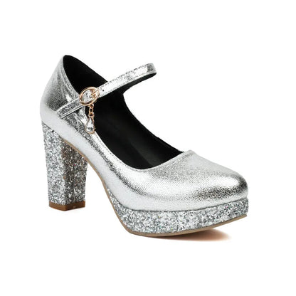 Shiny Golden Silver Red Color Round Toe Women Bridal Shoes Glitter Block High Heels Mary Janes Platform Pumps Big Size 45 46 47