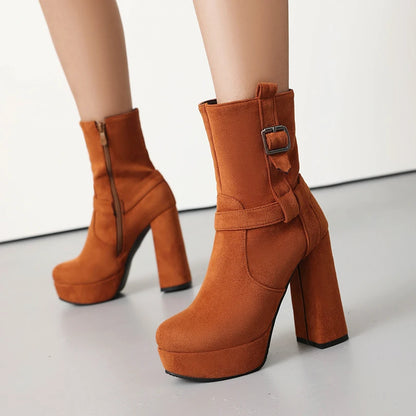 Plus Size Frosted Suede Material Waterproof Round Toe Super High Thick Heel Belt Buckle Side Zipper Women's Mid Calf Boots