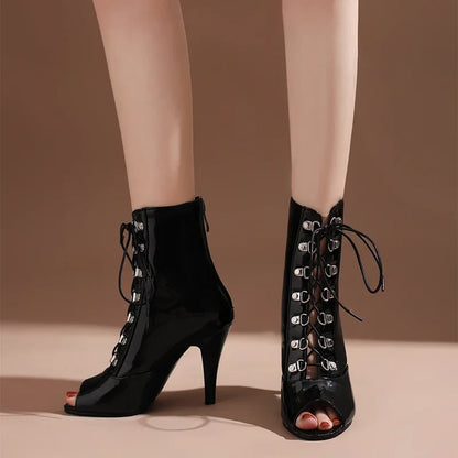 YMECHIC Patent Leather Back Zip Peep Toe Ankle Boots Shoes Women Summer 2022 Stiletto Thin Heels Sexy Lace-up Rivet Party Shoes