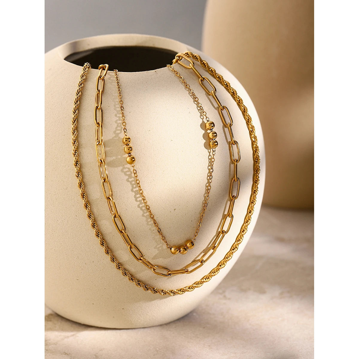 Youthway Layered Chain Stainless Steel Twist Chain Triple Layers Necklace 18K Gold Plated Waterproof Trendy Chain Jewelry Women