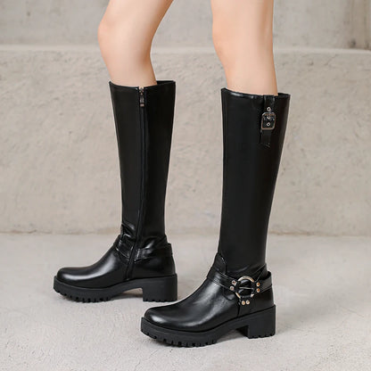 Non Slip Rubber Thick Heel Side Zipper Metal Belt Buckle Rivet Knight Boots Breathable Microfiber Lining Women's Knee High Boots