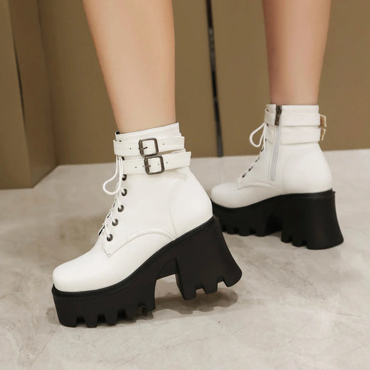 Cross Lace Up Double Row Metal Square Buckle Punk Style Street Trend Women's Boots With Side Zipper Thick Soles Elevated Shoes